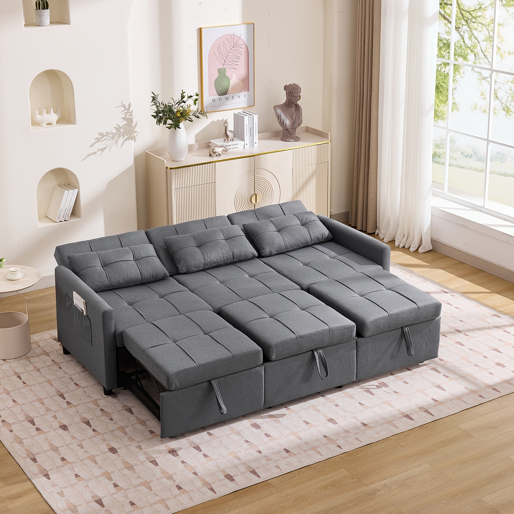 Divano Letto Moderno 3 Posti con Schienale Regolabile a 180° e Reclinabile a 7 Posizioni - Letto Salvaspazio, Pieghevole con Tasche Laterali e Contenitore - Divano Convertibile per Piccoli Appartamenti, Dormitori, Camere Ospiti - Montaggio Richiesto