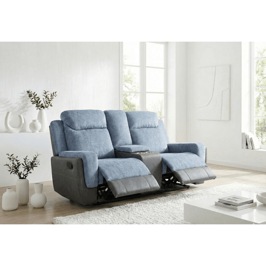 Divano Reclinabile 3+2 Posti in Tessuto e Pelle – Design Moderno con Consolle Centrale e Porta Bicchieri