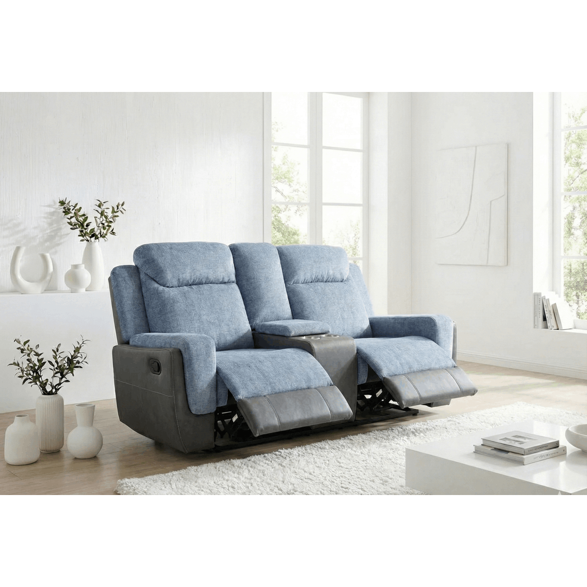 Divano Reclinabile 3+2 Posti in Tessuto e Pelle – Design Moderno con Consolle Centrale e Porta Bicchieri