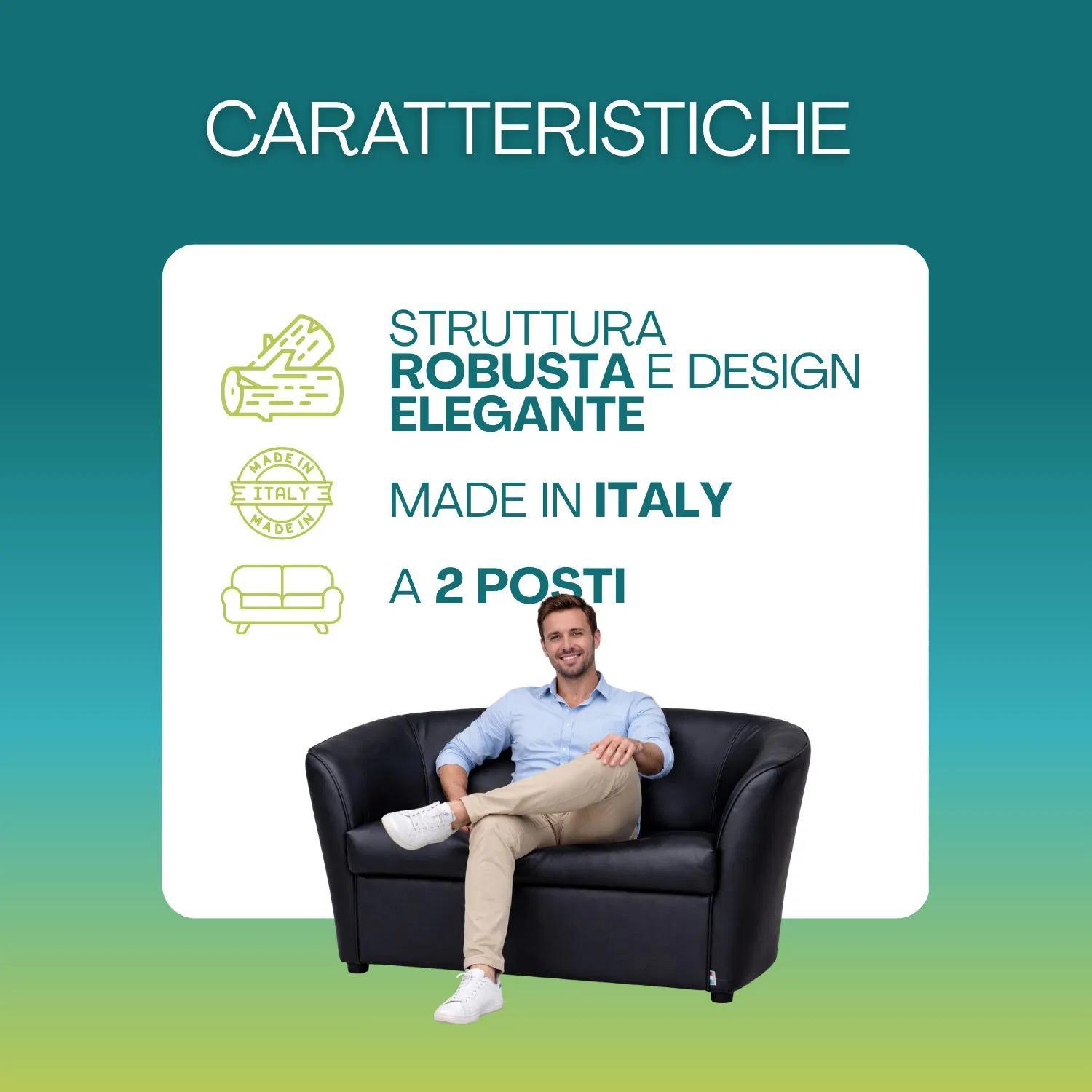 Divano Pozzetto 2 Posti in Ecopelle Nera – Design Elegante con Struttura Robusta, per Casa e Ufficio, Made in Italy