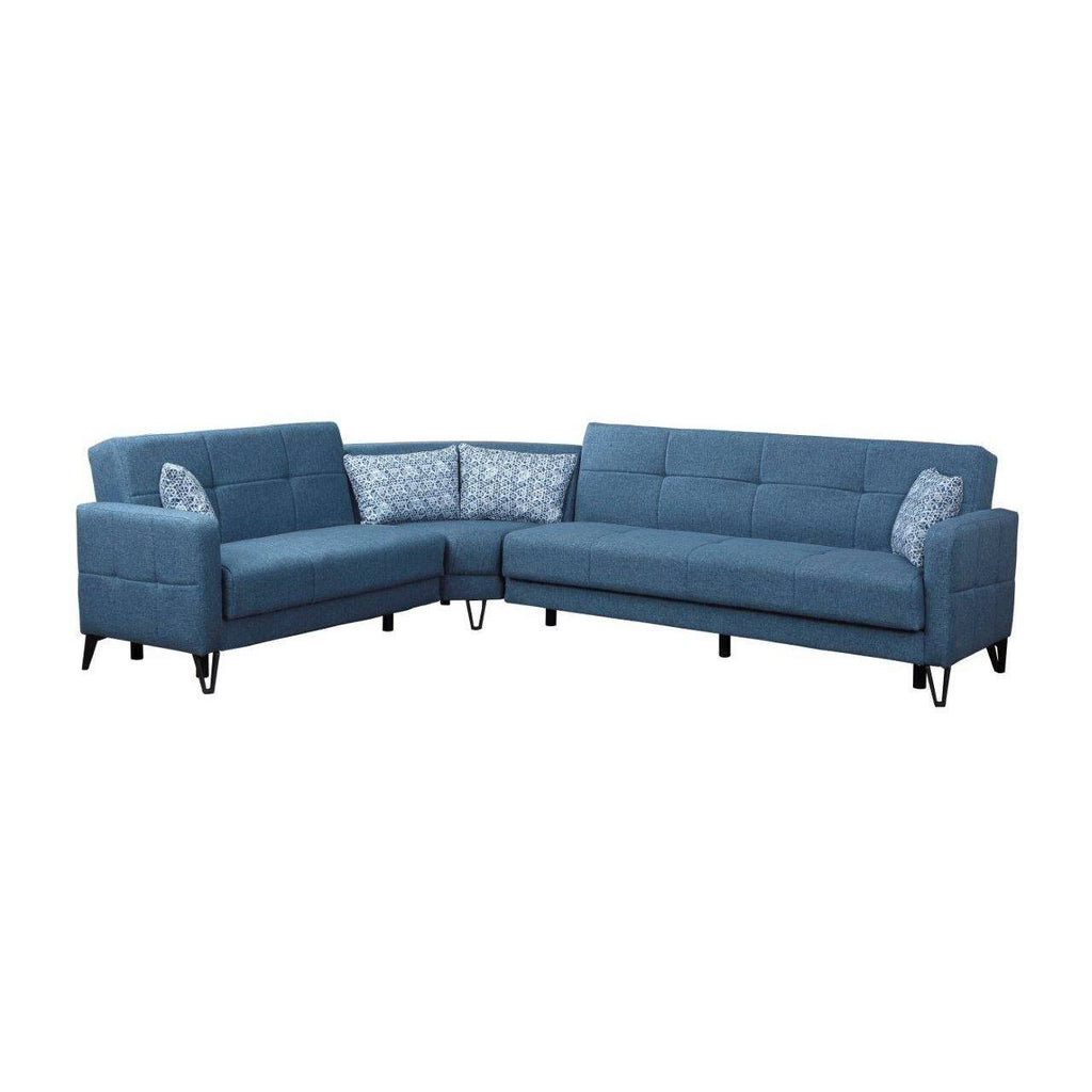 Divano letto con penisola Apo, divano letto con 4 cuscini, divano in tessuto con apertura a click-clack, 120X92X35 pollici (302X234H88 cm), blu