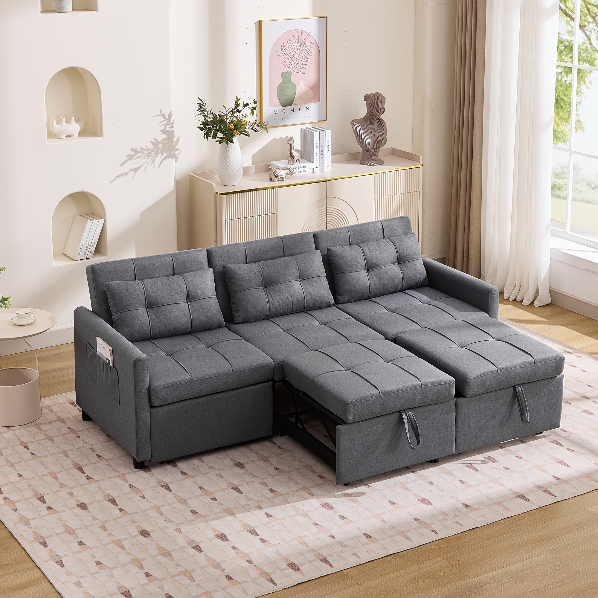 Divano Letto Moderno 3 Posti con Schienale Regolabile a 180° e Reclinabile a 7 Posizioni - Letto Salvaspazio, Pieghevole con Tasche Laterali e Contenitore - Divano Convertibile per Piccoli Appartamenti, Dormitori, Camere Ospiti - Montaggio Richiesto