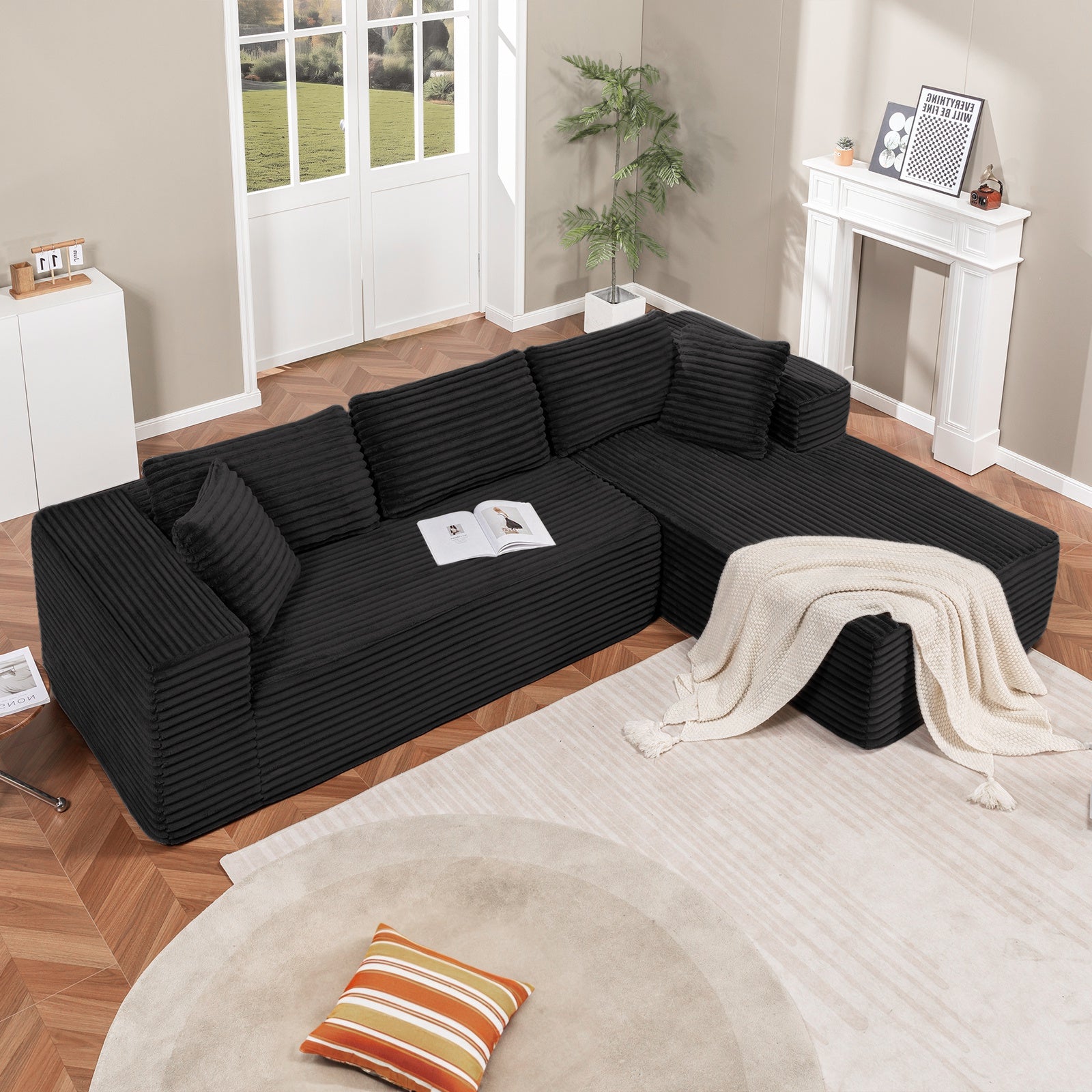 Divano modulare 105" con seduta profonda, sofà a L con ampi braccioli, tessuto spugna, schiuma ad alta densità, chaise longue per soggiorno, montaggio non richiesto.