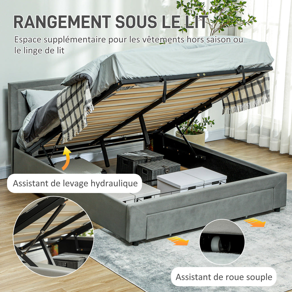 HOMCOM Letto matrimoniale 140 x 200 cm per 2 persone - base con doghe in legno, sollevamento idraulico, cassetto con ruote e testiera regolabile imbottita in tessuto effetto velluto, grigio