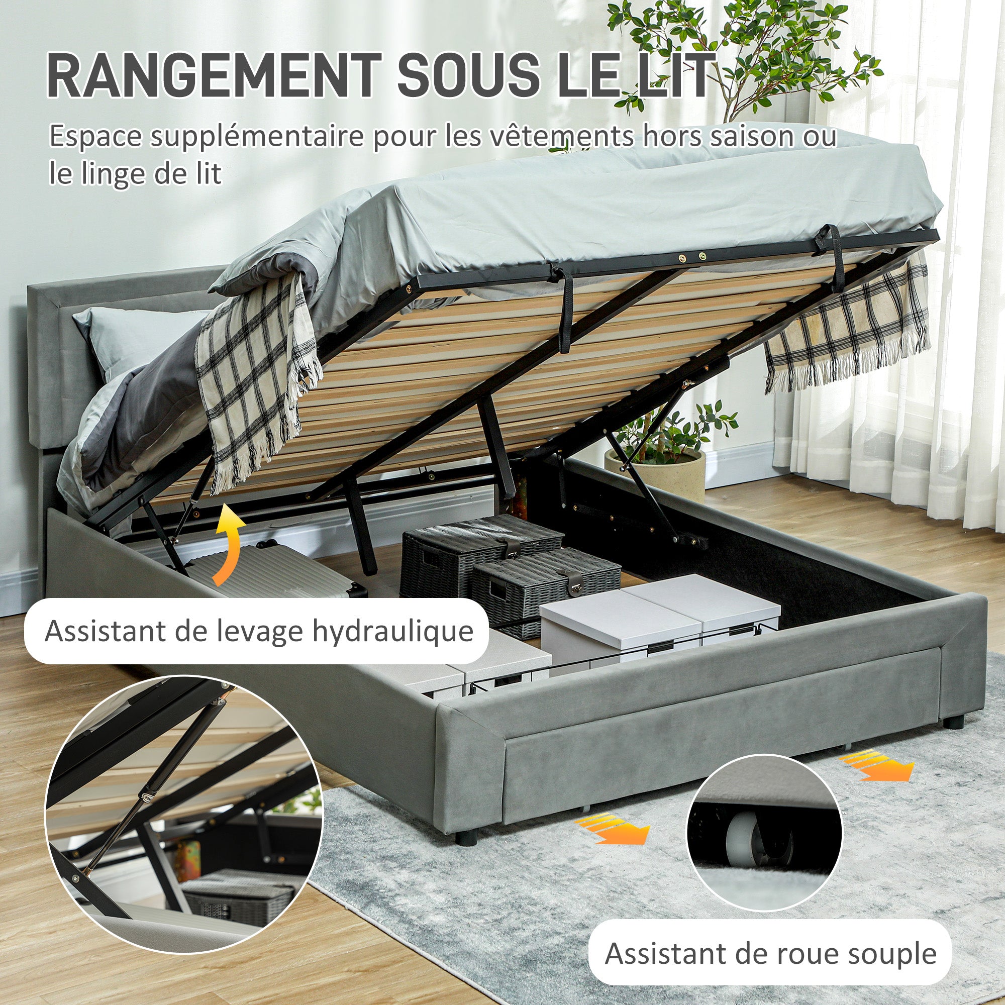 HOMCOM Letto matrimoniale 140 x 200 cm per 2 persone - base con doghe in legno, sollevamento idraulico, cassetto con ruote e testiera regolabile imbottita in tessuto effetto velluto, grigio