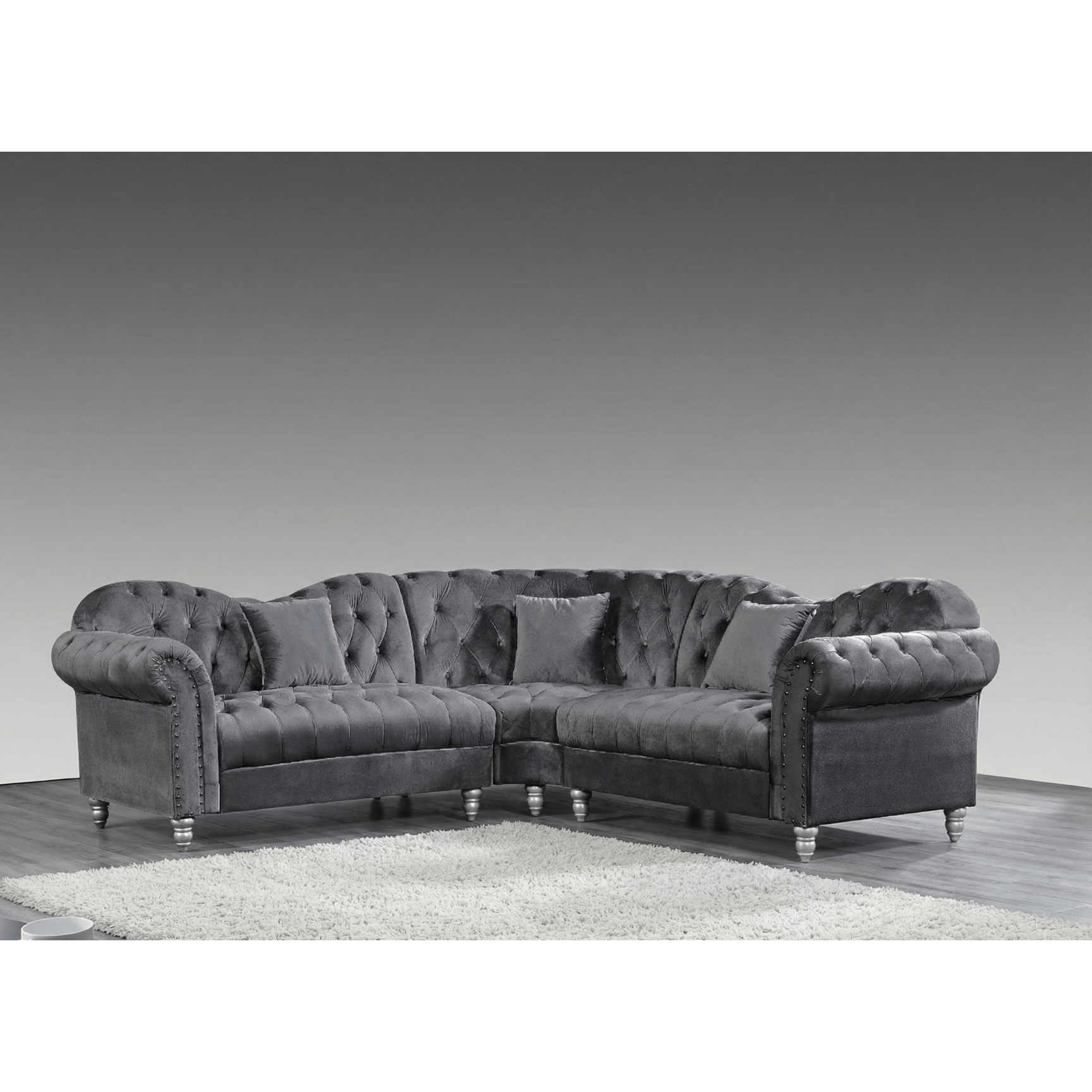 Chesterfield Angolare in Velluto Beige/Grigio – Elegante Divano da Salotto Classico con Braccioli Imbottiti e Bottoni Capitonné – Comfort e Stile per Soggiorno