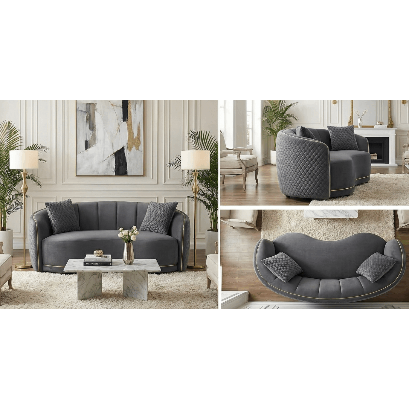 Set Divani in Velluto Grigio Scuro – 2 Posti, 3 Posti o 3+2 Posti – Design Curvo Elegante con Dettagli Dorati – Stile Moderno per Soggiorno
