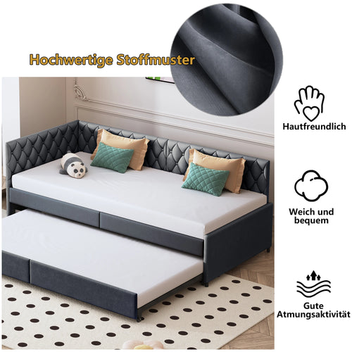 Comanlai Velvet Living Room Sofas with Pull-Out Bed,90x200cm Upholstered Bed with Slatted Frame, Multifunctional Bed Frame