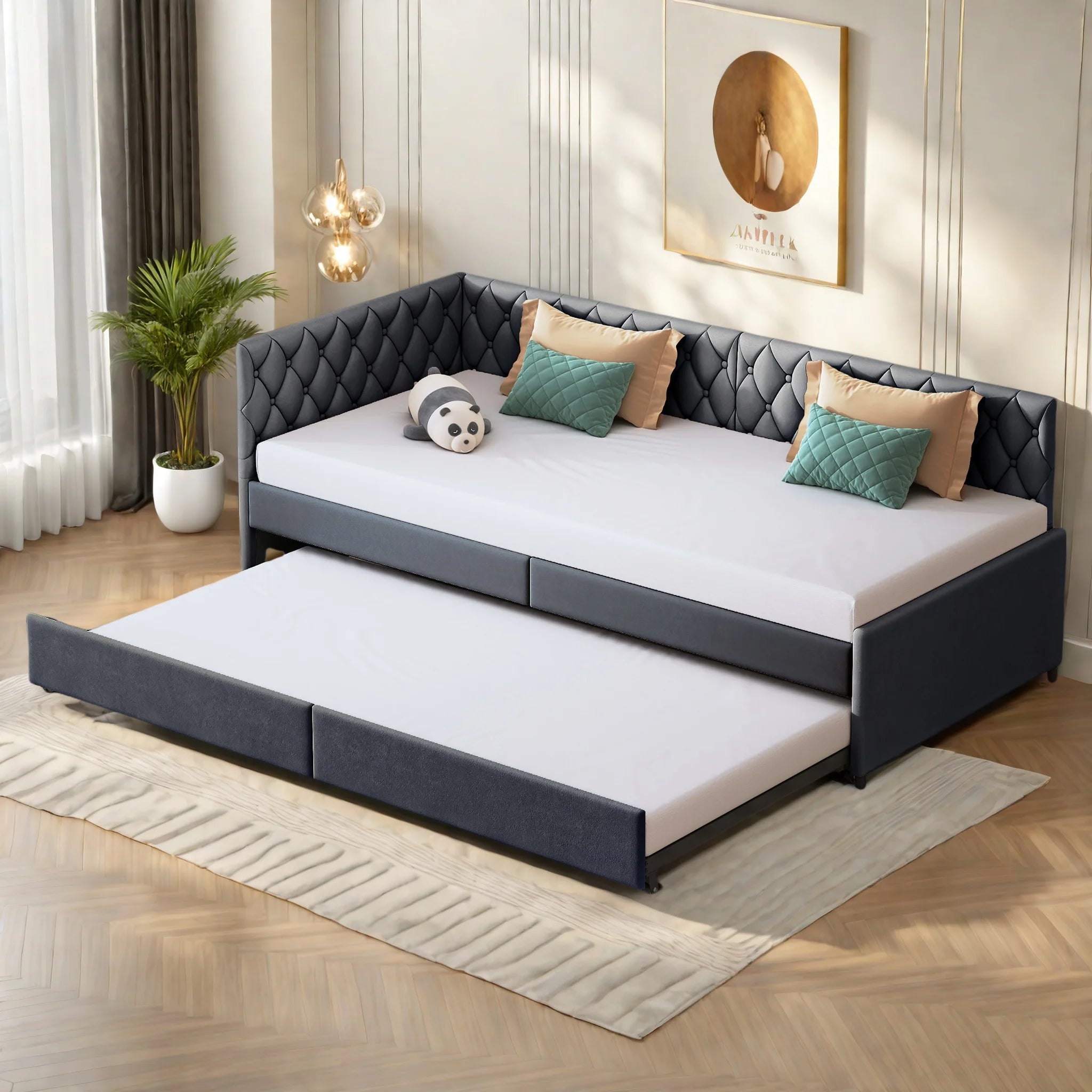 Comanlai Velvet Living Room Sofas with Pull-Out Bed,90x200cm Upholstered Bed with Slatted Frame, Multifunctional Bed Frame