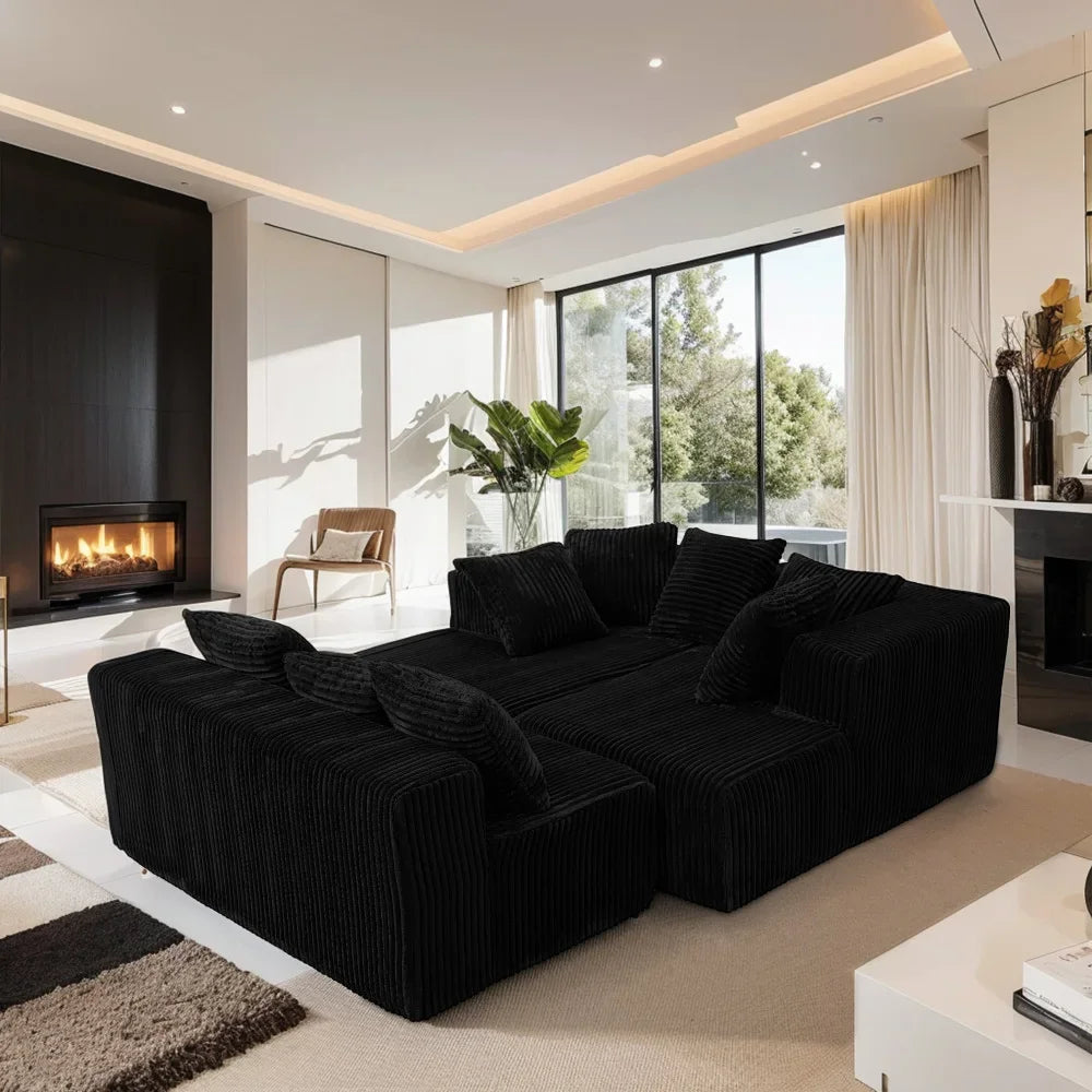 U-Shaped Sectional Sofa,130-inch 4-Seater Chaise Lounge with Striped Corduroy Fabric  Customizable Living Room or Bedroom Couch