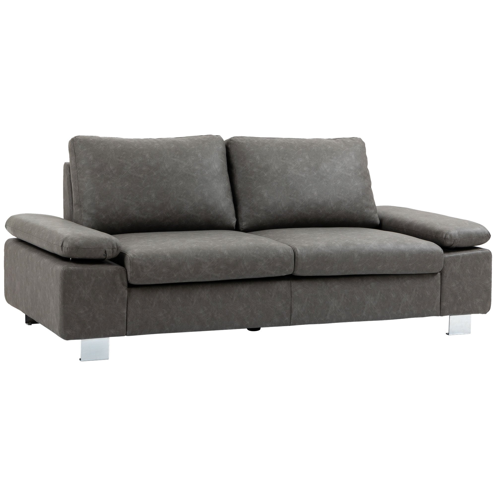 HOMCOM Divano 2 Posti Reclinabile con Seduta Imbottita e Braccioli Regolabili, Divano da Salotto in PU, Legno e Metallo, 200x88x86 cm, Grigio