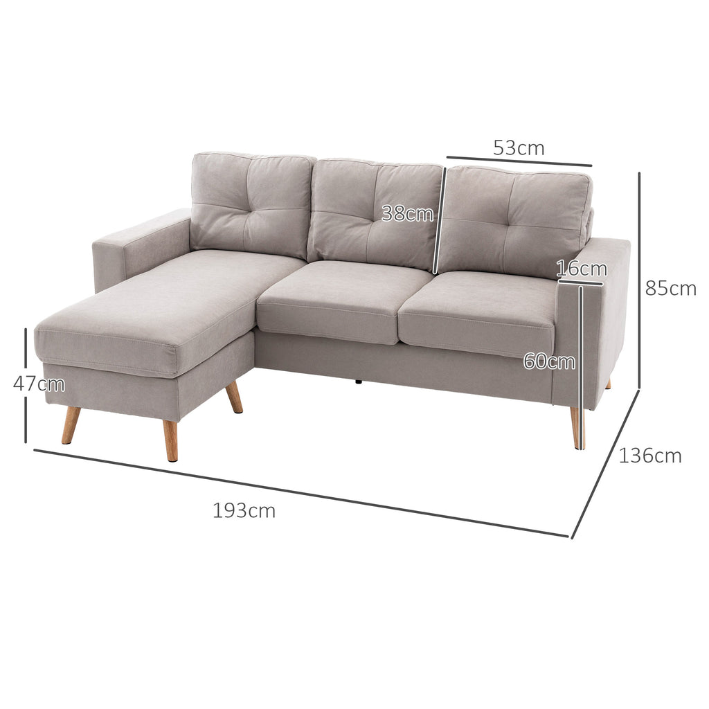 Divano Angolare Homcom in Tessuto Lino, 3 Posti, Chaise Lounge Reversibile a Sinistra o Destra, 193 cm, Design Scandicavo, per Soggiorno, Appartamento, Piccoli Spazi, Gambe in Legno Massello, Grigio Chiaro