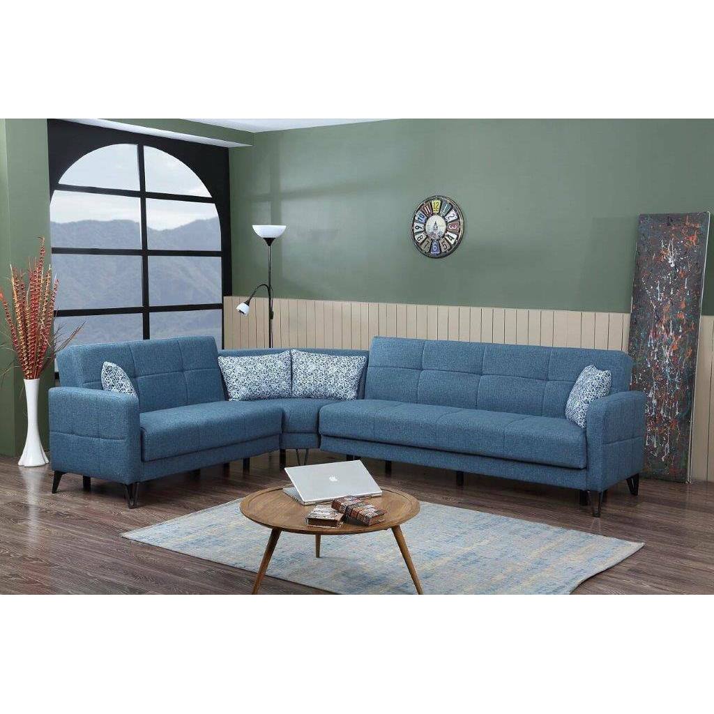 Divano letto con penisola Apo, divano letto con 4 cuscini, divano in tessuto con apertura a click-clack, 120X92X35 pollici (302X234H88 cm), blu