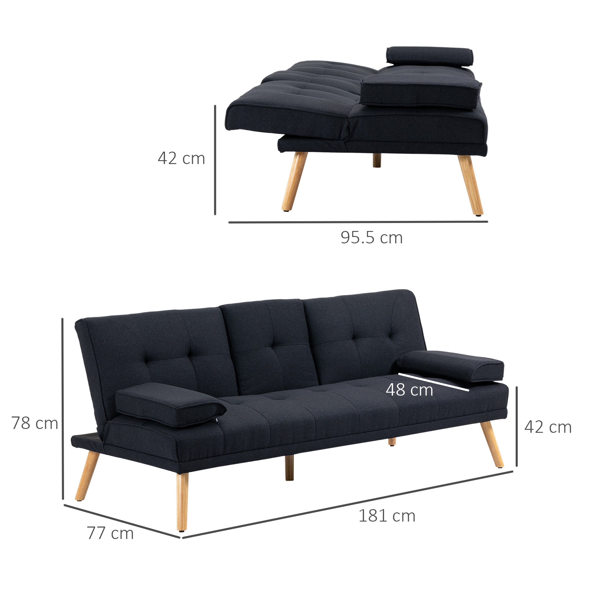 Divano letto con 3 posti con 2 braccioli staccabili, divano letto 3 posti in tessuto e legno con portabicchieri per soggiorno e salotto, 71"x30"x31", 70"x30"x31" (181x77x78 cm), grigio antracite