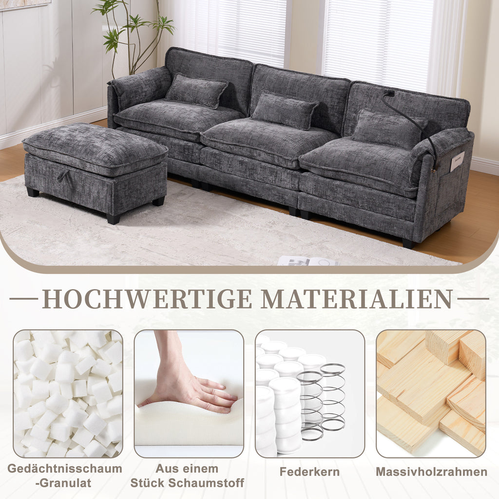 Divano Moderno a 2 Posti in Ciniglia. Imbottitura Confortevole con Schiuma e Memory Foam. Con Connessione USB, Tasca Laterale, Porta Telefono e Pogge Modulare. Ideale per Soggiorno e Ufficio Domestico. Grigio