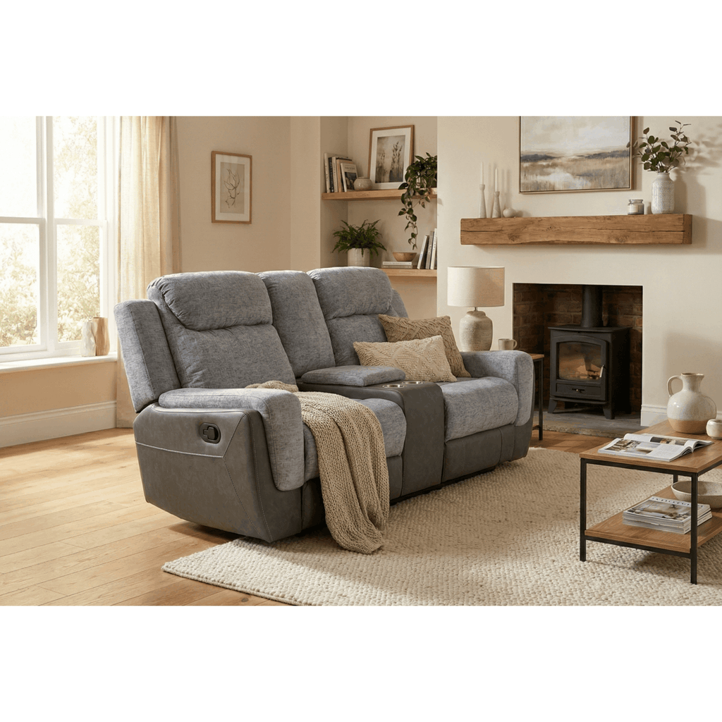 Divano Reclinabile 3+2 Posti in Tessuto e Pelle – Design Moderno con Consolle Centrale e Porta Bicchieri